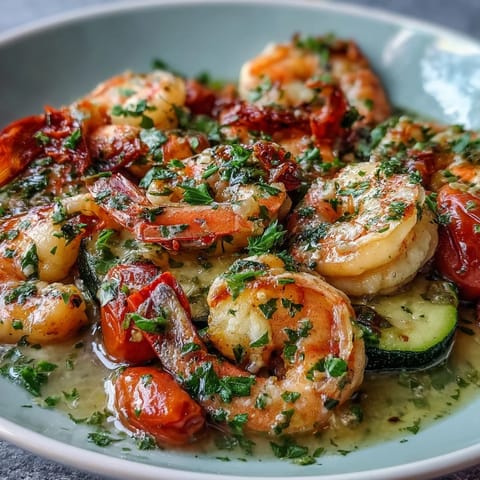 Sizzling One-Pan Lemon Butter Shrimp with Zucchini and Tomatoes in a cast-iron skillet, garnished with fresh parsley. 