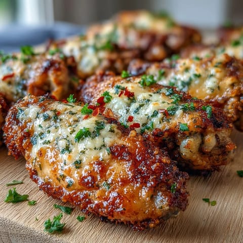 Golden brown Keto Garlic Parmesan Baked Chicken Wings glistening with melted butter and herbs on a rustic platter.