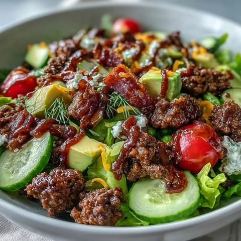 Sliced dill pickles, shredded cheddar, and red onion garnish a bed of crisp lettuce for a low-carb Keto Bacon Cheeseburger Salad served with creamy avocado chunks.