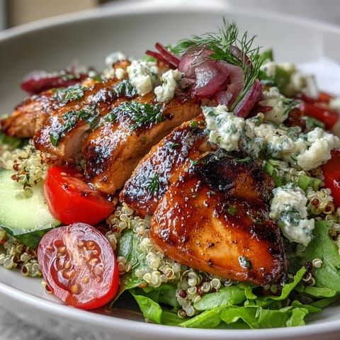 Juicy lemon-herb grilled chicken slices rest on fluffy quinoa, spinach, cherry tomatoes, and cucumbers, drizzled with bright dressing in a white bowl.