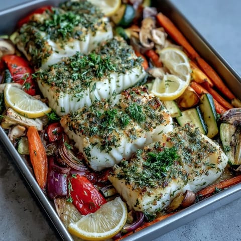 Golden-brown fillets of Herb-Crusted Baked Cod with Roasted Vegetables served alongside vibrant bell peppers and carrots.