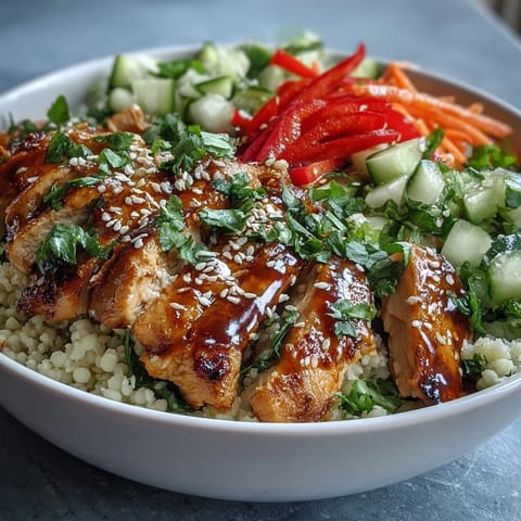 Freshly sliced ginger and toasted sesame seeds garnish the vibrant Sesame Ginger Chicken Couscous Bowls. 