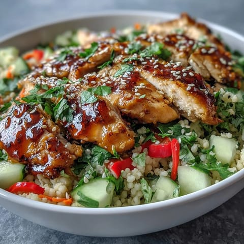 Colorful diced cucumbers and red bell peppers add crunch to these easy Mediterranean-Asian fusion bowls. 