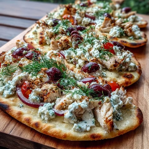 Golden-brown naan topped with lemon chicken, melted mozzarella, crumbled feta, Kalamata olives, and cherry tomatoes, finished with a fresh tzatziki drizzle.
