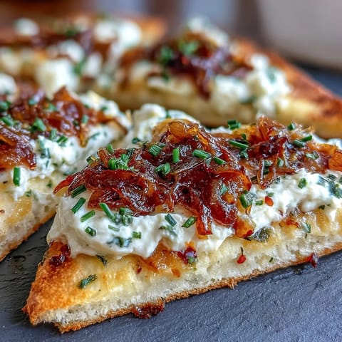 Fresh thyme garnishes this rustic flatbread, perfect for serving warm as a vegetarian appetizer or light dinner.