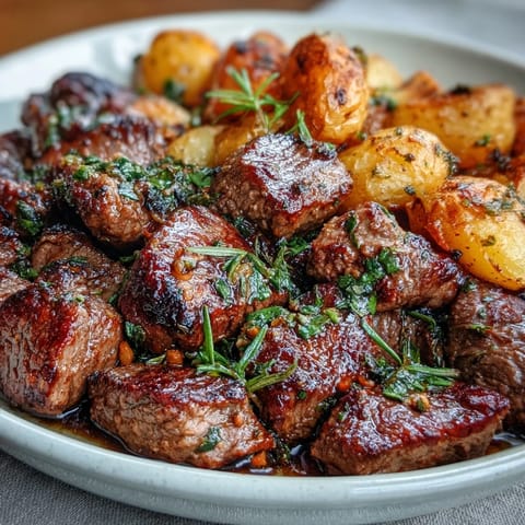 Sizzling steak and potatoes drenched in garlic butter sauce with a bright squeeze of lemon for a quick weeknight dinner.