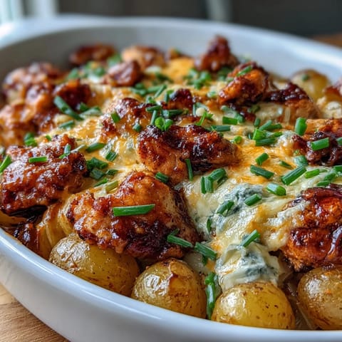 Oven-baked casserole featuring juicy chicken breasts, baby potatoes, and buffalo ranch sauce for a crowd-pleasing dinner.  