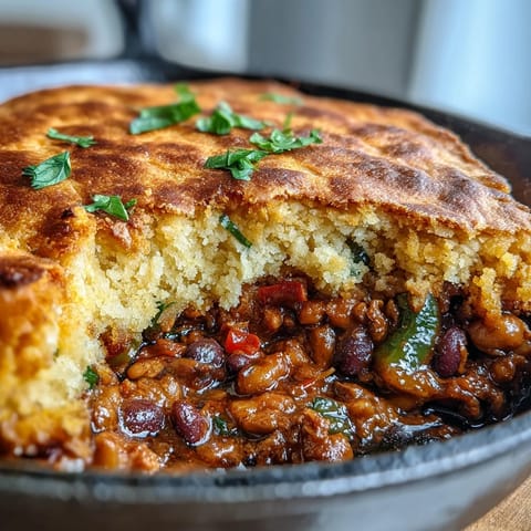Hearty vegan taco pot pie with black beans and golden cornbread topping, baked in a 9x13-inch dish for a satisfying Tex-Mex dinner.