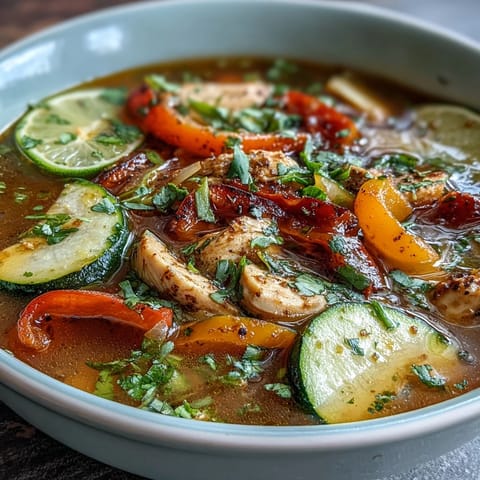 Skinny One-Pot Chicken Fajita Soup with Zucchini and Peppers in a colorful bowl, garnished with fresh cilantro and lime.
