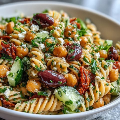 Colorful Mediterranean pasta salad with chickpeas, cucumber, tomatoes, and olives, tossed in a zesty lemon-herb vinaigrette for a refreshing vegetarian meal.  