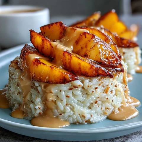 Aromatic coconut-infused sticky rice topped with fresh mango slices in a classic Thai dessert.  