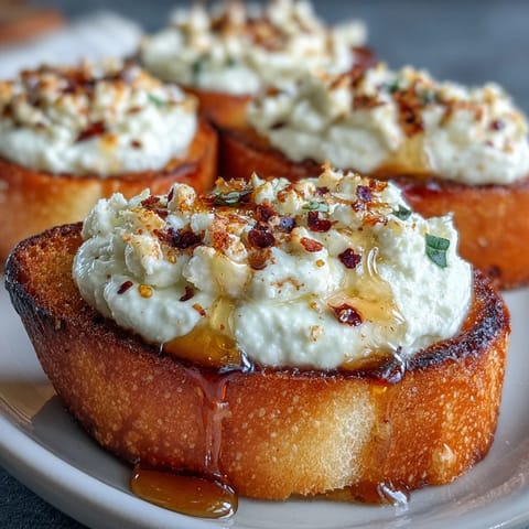 Golden-baked baguette slices spread with velvety whipped feta, finished with a hot honey drizzle and fresh herbs for a Mediterranean-inspired appetizer.  