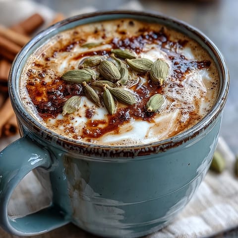 Warm spiced tea latte with cardamom, cinnamon, and ginger, garnished with a sprinkle of cinnamon for extra aroma.