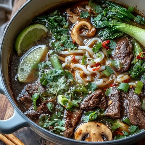 Hearty Asian hot pot with tender beef slices, fresh vegetables, and rice noodles simmering in fragrant broth at the table.