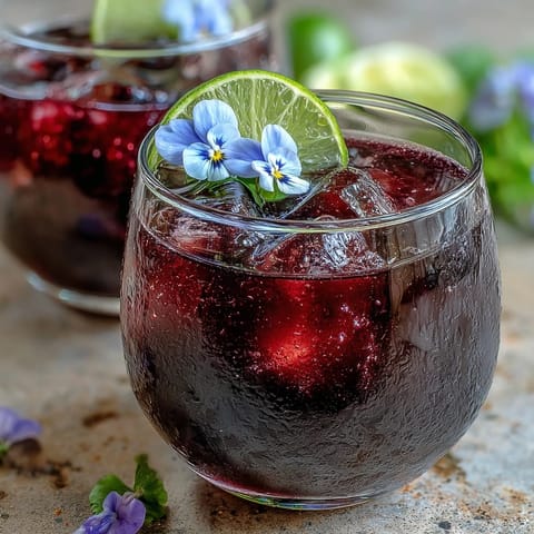 Vibrant black currant gin cocktail with rich syrup, fresh lime, and edible flower garnish in a chilled glass.