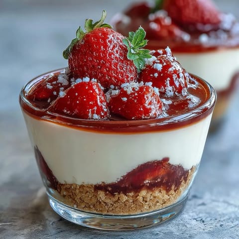 Romantic no-bake cheesecake cups with fresh strawberries and buttery graham cracker crust, perfect for a sweet Valentine's Day treat.  