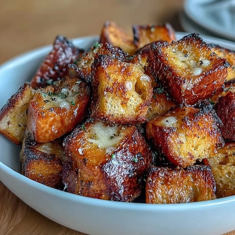 Golden sourdough croutons baked to crunchy perfection, ideal for topping hearty French onion soup with a tangy twist.  