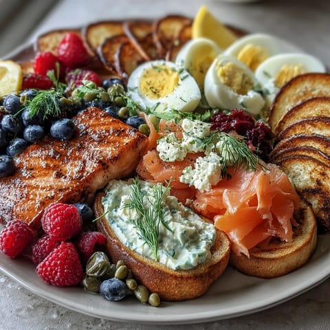 A festive Galentines brunch board featuring bagels, silky lox, fresh berries, and vibrant garnishes arranged for sharing.