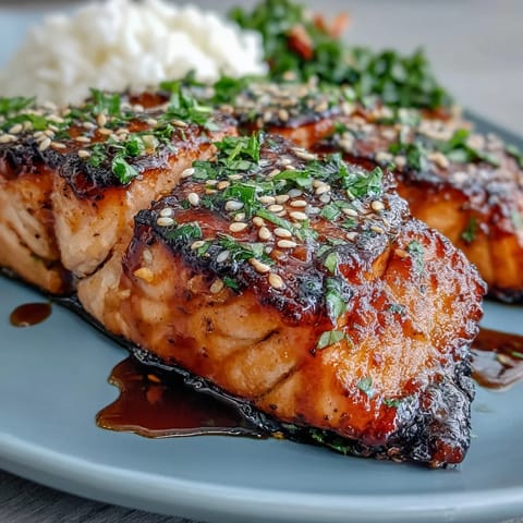 1. Oven-baked salmon fillets glazed with sweet teriyaki sauce and sprinkled with toasted sesame seeds for a glossy, flavorful finish.  