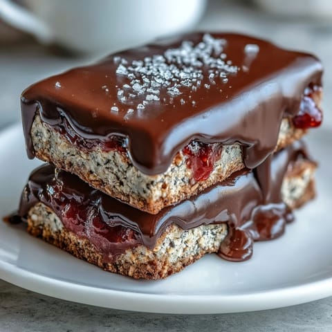 Chewy oat bars topped with sweet strawberry preserves and drizzled with rich melted chocolate, ideal for dessert or on-the-go.  