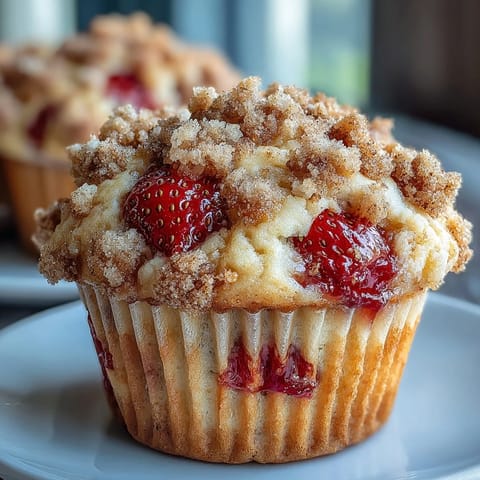 Fluffy sourdough muffins packed with fresh strawberries and topped with a crunchy cinnamon crumb, perfect for a cozy breakfast treat.  