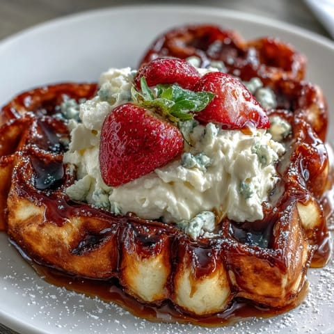 Fluffy heart-shaped waffles topped with a light cottage cheese whip and sweet macerated strawberries for a romantic brunch.  