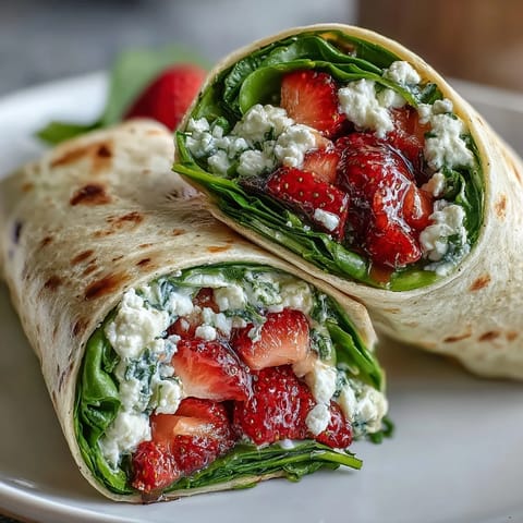 A colorful wrap filled with baby spinach, sweet strawberries, creamy goat cheese, and crunchy nuts, drizzled with balsamic glaze.