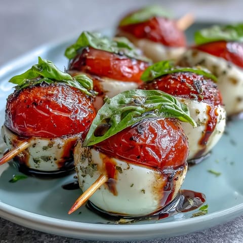 Colorful picnic caprese skewers arranged on a platter, featuring fresh basil, mozzarella balls, and cherry tomatoes drizzled with tangy balsamic reduction.  
