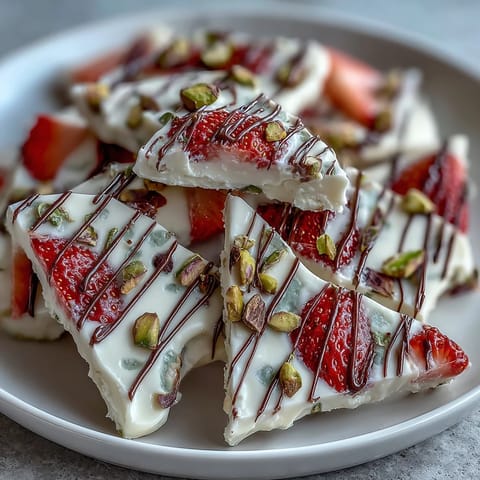 Valentine Strawberry Yogurt Bark with Pistachios, a creamy frozen treat topped with fresh berries and crunchy nuts.  