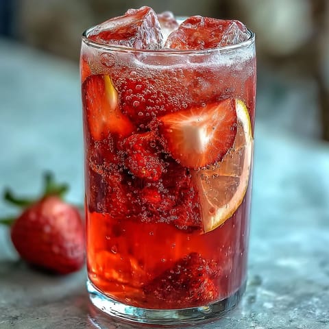 A vibrant glass of strawberry lemonade mocktail with sparkling water, garnished with fresh lemon slices and whole strawberries.  