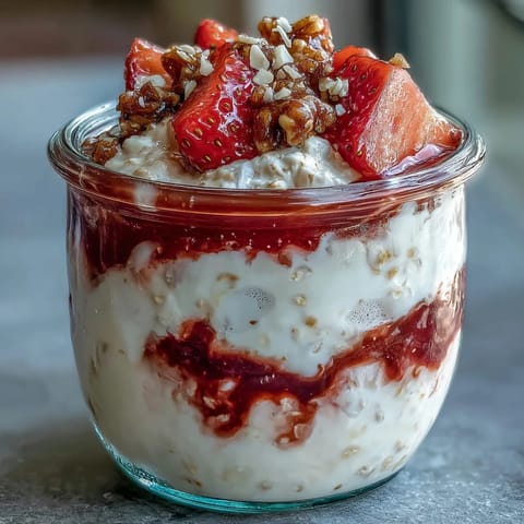 Creamy Greek yogurt and rolled oats combined with a homemade strawberry swirl for a nutritious morning treat.  