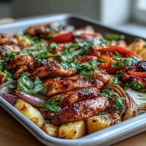 Colorful chicken pineapple sheet pan fajitas with bell peppers and onions, roasted to perfection for a sweet and savory Tex-Mex dinner.