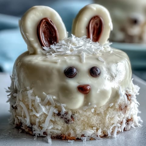 Adorable vanilla mini cakes with colorful buttercream frosting, candy noses, and shredded coconut grass, ideal for festive Easter celebrations.  