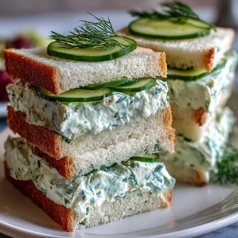 Elegant Benedictine tea sandwiches with a smooth cream cheese and cucumber filling, garnished with thin cucumber slices and dill sprigs.