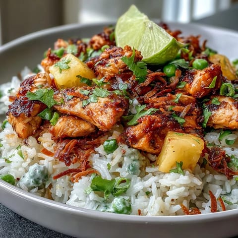 Tropical Coconut Pineapple Chicken Rice Bowls served in colorful bowls with vibrant bell peppers, snap peas, and a squeeze of fresh lime.  