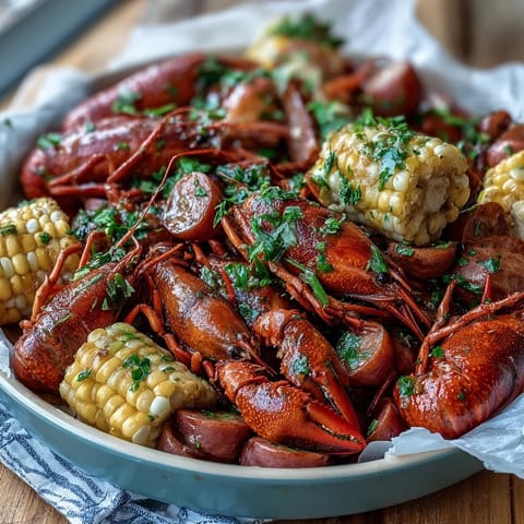 Vibrant crawfish, sweet corn, and tender potatoes tossed in melted butter, garnished with parsley for a Southern feast.  
