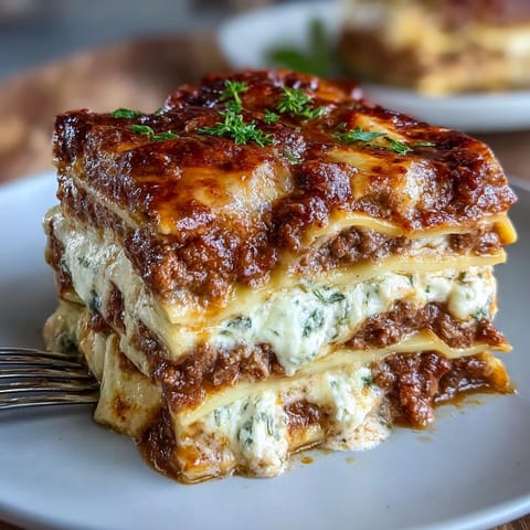 A bubbling, cheesy lasagna layered with rich meat sauce and creamy ricotta, perfect for a comforting family dinner.