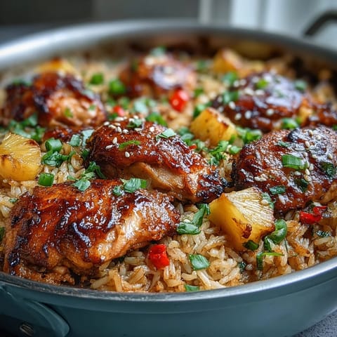 Vibrant pineapple chicken and rice bake with teriyaki glaze, baked until golden and bubbling with sweet-savory aroma.