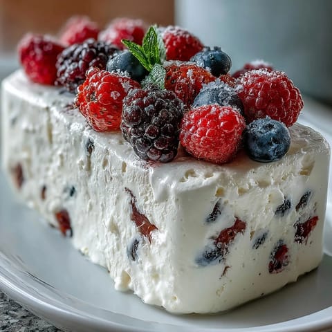 Frozen yogurt berry bark with fresh strawberries and blueberries, drizzled with honey for a sweet summer treat.