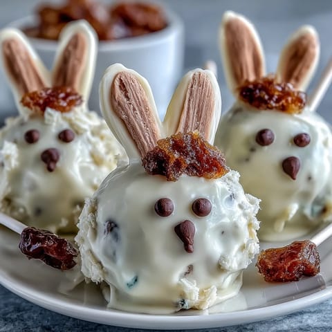 Easter Bunny Cake Pops with White Chocolate Coating: Cute, festive cake pops shaped like bunnies, coated in smooth white chocolate, and decorated with candy ears for spring celebrations.