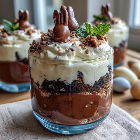 Easter Bunny Dirt Cups with Chocolate Pudding and Oreos: a festive dessert in clear cups with crushed Oreos and chocolate pudding.