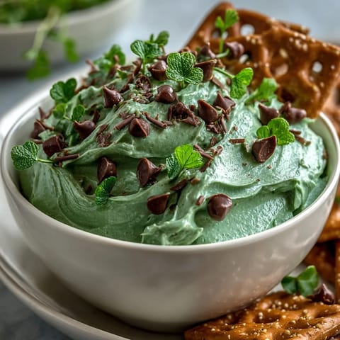 Creamy mint chocolate chip dip with shamrock sprinkles, perfect for St. Patrick's Day dessert parties and sweet celebrations.
