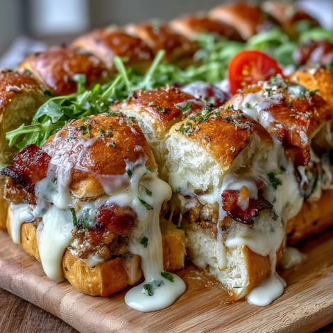 Warm turkey and bacon sliders on brioche buns, topped with creamy Gruyère Mornay sauce and fresh parsley.