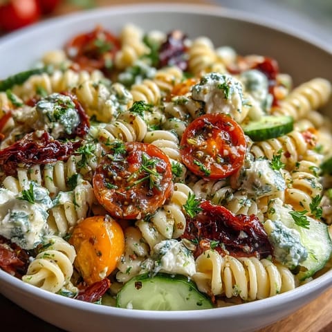 Vibrant picnic pasta salad with Italian dressing, packed with fresh vegetables and mozzarella pearls in a zesty vinaigrette.