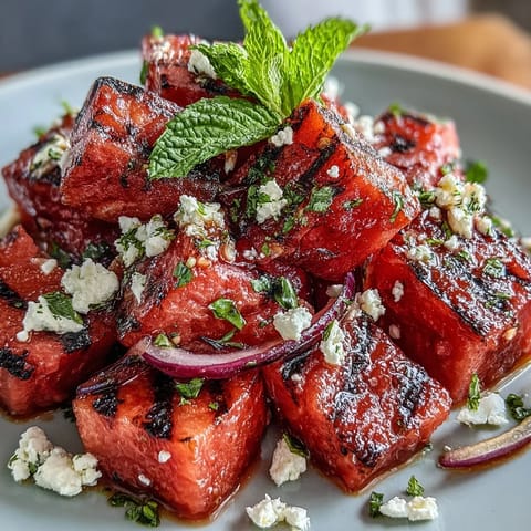 Grilled watermelon salad with feta and mint, juicy watermelon wedges caramelized on the grill and topped with creamy cheese.