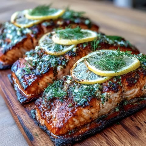 Cedar Plank Salmon with Lemon Dill grilling on a cedar plank, infused with fresh dill and lemon zest for a smoky, aromatic flavor.