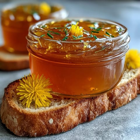 A golden jar of dandelion jelly, its delicate floral sweetness ready to spread on warm bread.