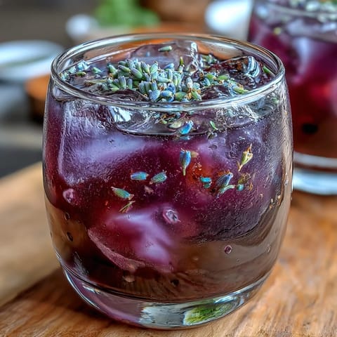 Vibrant purple lemonade refresher featuring fresh lemon slices, lavender sprigs, and a stunning lavender-infused hue for a cooling drink.