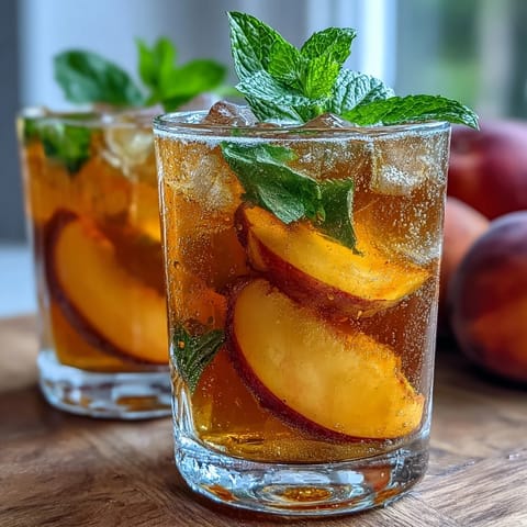 A tall glass filled with golden mango and peach sparkling tea, garnished with fresh mint and fruit slices, perfect for summer refreshment.