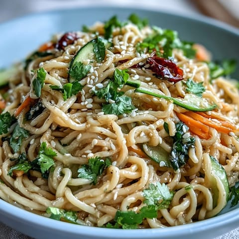 Chilled sesame noodles with crisp cucumber slices in a creamy sesame sauce, garnished with fresh herbs and toasted sesame seeds.  